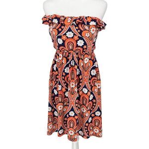 Judith March Boho Off-Shoulder Mini Dress Small Retro Floral Orange Navy Ruffle